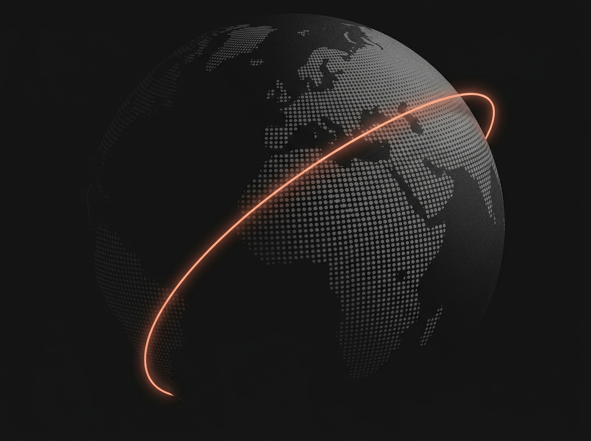 A dotted globe with one glowing orange arc crossing it, joining fans in different countries