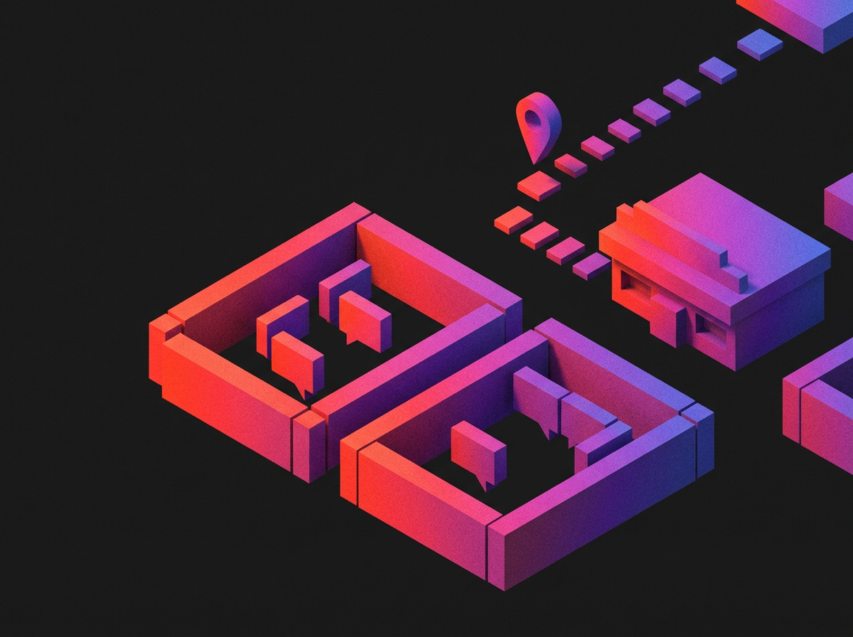 Isometric sculpture of two separate rooms full of speech bubbles, with a path leading to a small bar marked by a pin