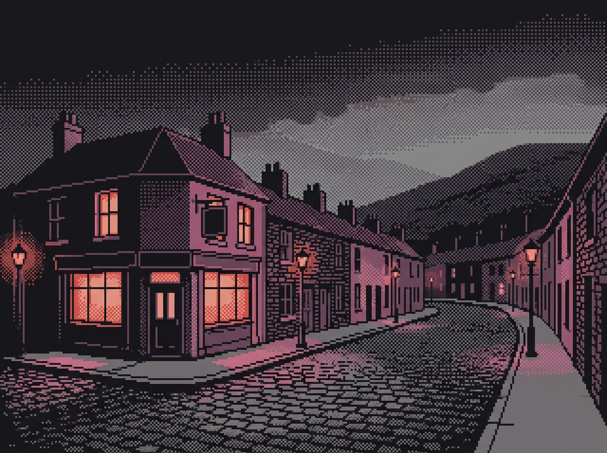 Pixel-art night street with a corner bar, its windows glowing